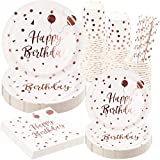 Trailer 120 PCS Servicio de platos de cumpleaños de oro rosa blanco, vasos y platos de papel de oro rosa, pajitas y servilletas de papel para decoración de feliz cumpleaños niña mujer, 24 invitados